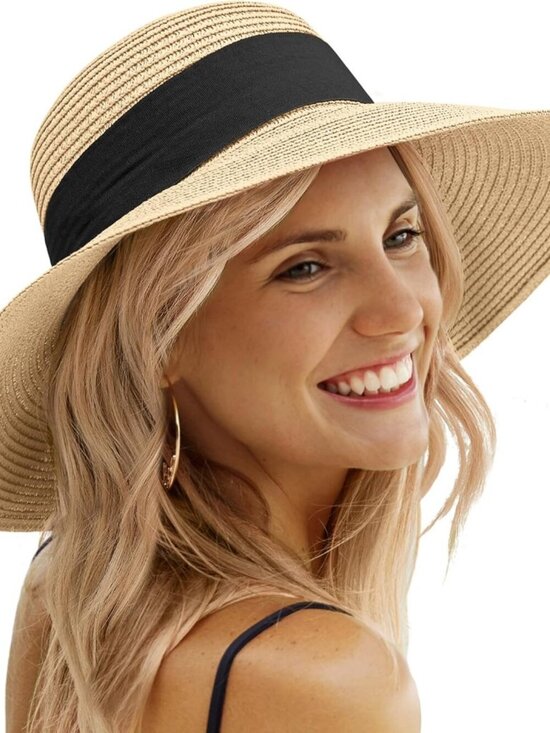 Women\'s Beach Sun Straw HatsUPF 50+ UV Sun Protection Wide Brim C Khaki